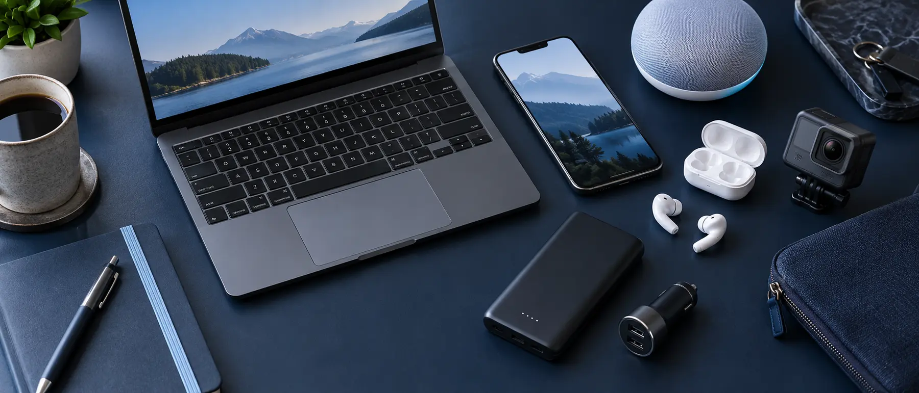 A collection of useful everyday technology including a laptop, phone, earbuds, camera and chargers