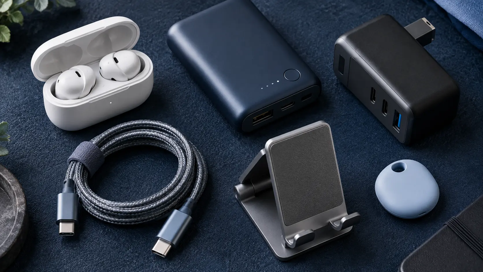 Wireless earbuds, power banks, chargers, cables and a phone stand