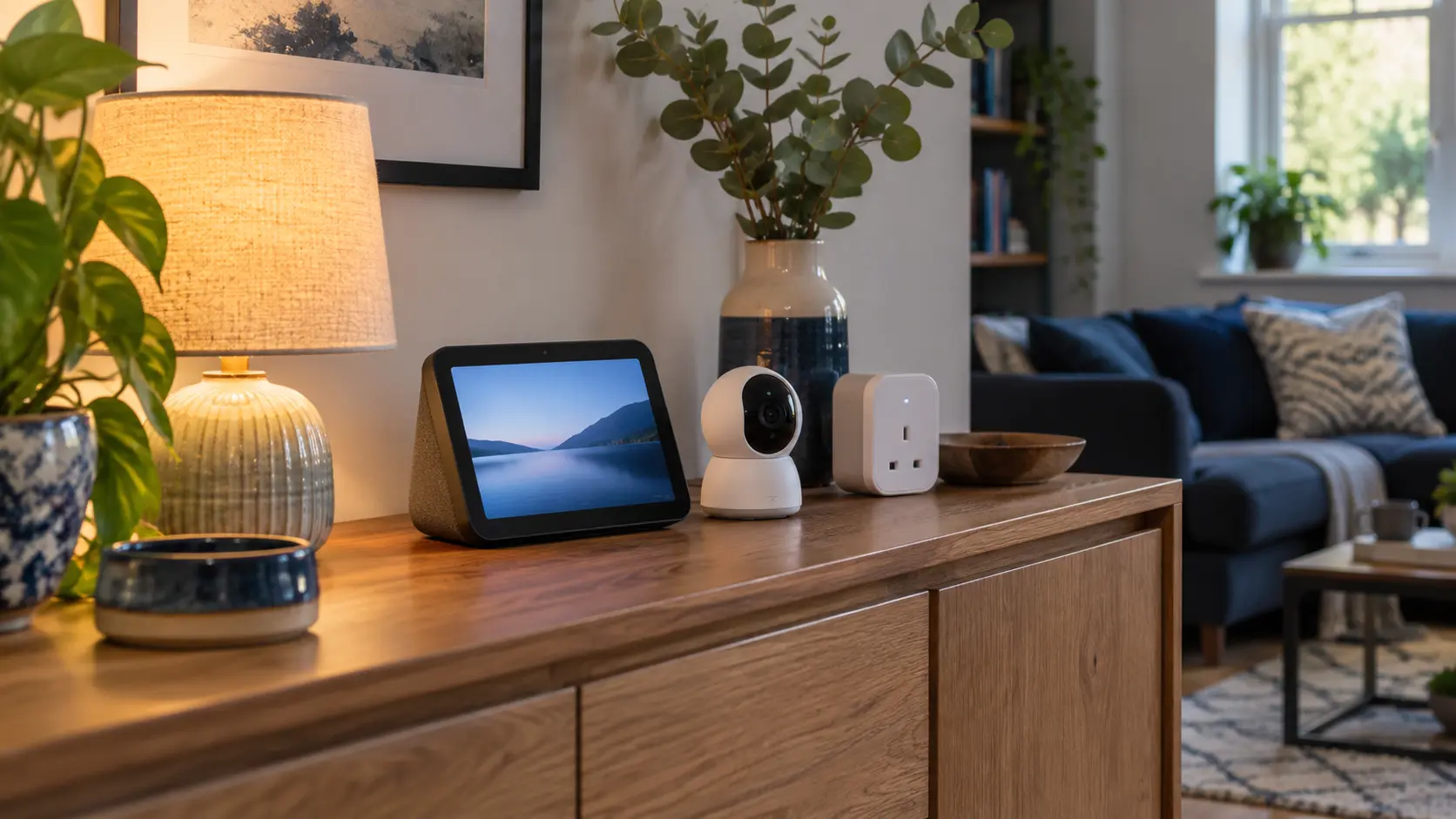 Smart display, security camera and smart plug being tested at home